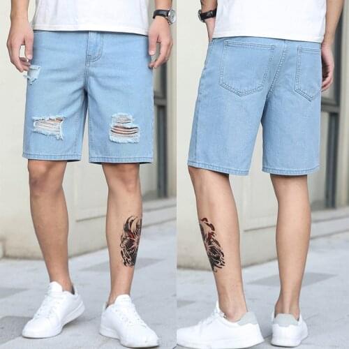 Summer Men Ripped Denim Shorts Casual Sandy Beach Breathable Cowboy Shorts Male Skinny Hole High Quality Stretch Denim Shorts