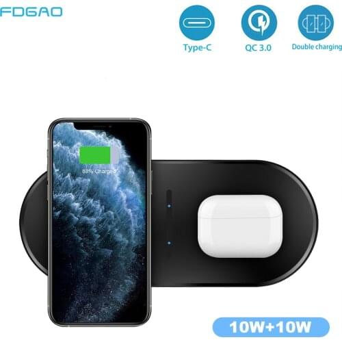 FDGAO 20W 2 in 1 Fast Qi Wireless Charger For Airpods Pro iPhone 12 11 XS XR 8 Dual Charging Pad for Samsung S20 S10 Galaxy Buds