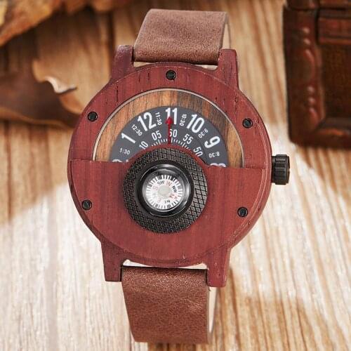 Creative Compass WOOD Watch Men Turntable Dial Real Walnut Ebony Wooden Man Watches Male Black Brown Red WOODEN Case Clock Reloj