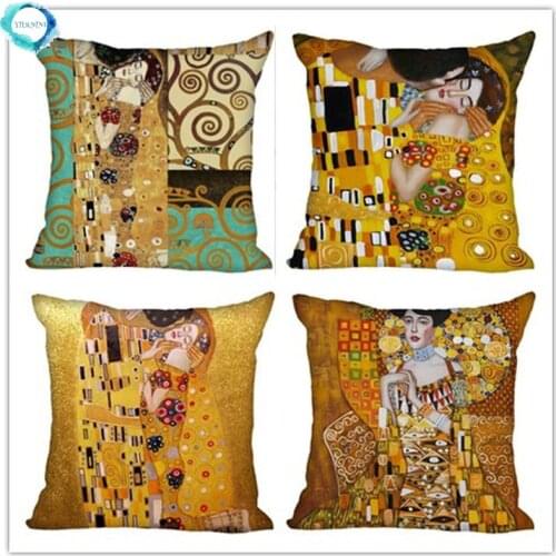 Gustav Klimt Oil Painting Printed Polyester Decorative Pillowcase Home Sofa Square Pillowcover Cushion Cover 45x45cm