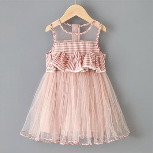 Kids Girls Transparent Mesh Plaid Solid Color Sleeveless Ruffles Dress 2020 Summer Fashion New Childrens Clothing Party Dress