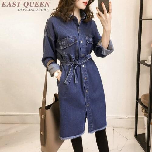 Denim jeans midi dress with belt autumn winter fall fashion 2018 long sleeve dress KK2120