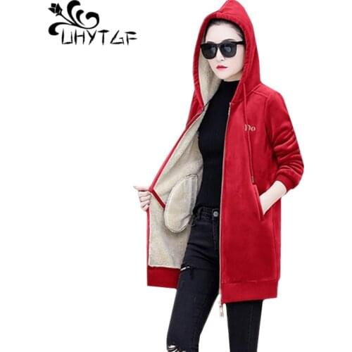 UHYTGF plus velvet thick autumn winter coat womens quality lambswool Casual warm jacket Female Sweatshirt 3XL plus size tops 428