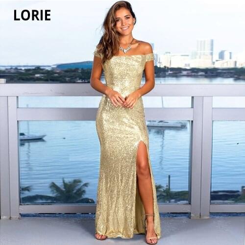 LORIE Off Shoulder Formal Evening Dress Long Sexy High Split Sequin Bodycon Prom Party Dress Elegant Ladies Floor Length Maxi