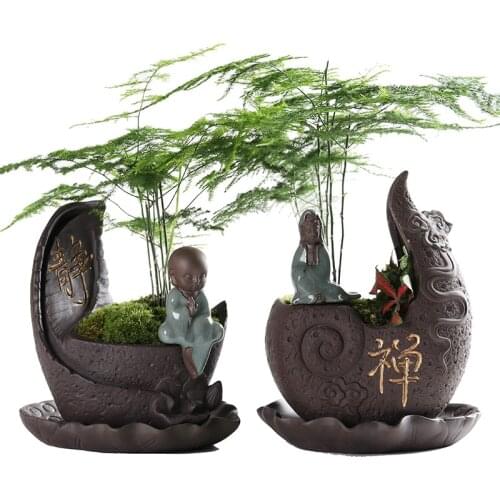 Small Monk Ceramic Buddha Flower Vase with Tray Creative Personality Classical Chinese Style Succulent PotModern Office Tabletop