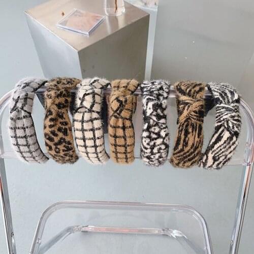 Fashion Women Warm Plush Leopard Plaid Hairband Winter Soft Cross Knotted Headbands Headwear Vintage Hair Accessories Hair Hoops