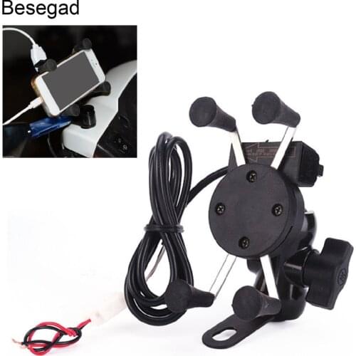 Besegad 360 Degrees Rotation Motorcycle 3.5-6 inch Cell Phone GPS Mobile Phone Mount Holder & USB Charger for 12-24V Motorcycle