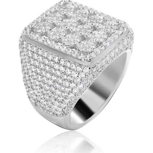 OTIY S925 Sterling Silver Hip Hop Jewelry Square Iced Out Rings White Gold Plated Platform Diamond Crystal CZ Bling Ring for Men