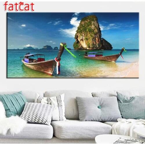 FATCAT Sea wooden boat mountain Large Diy Diamond Painting Full square round drill 5d Diamond Embroidery Kits AE3080
