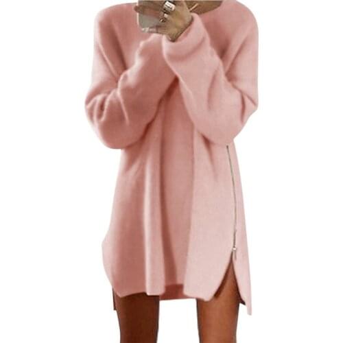 New Fashion Women Long Sleeve Autumn Knitted Zippers Side Jumper Sweater Dress Loose Tunic Baggy Dresses Hot Sale
