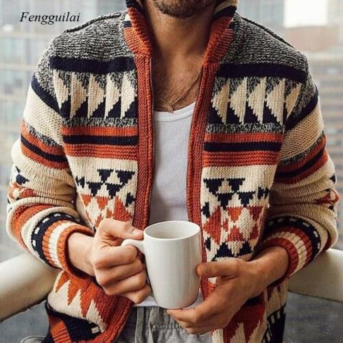 Newest Casual Winter Printed Men Cardigan Sweater Jacket Fashion Knitted Sweaters For Men Red Autumn Streetwear Zipper Coat Tops
