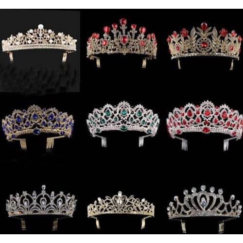 New Bride Wedding Crystal Crown Hair Jewelry Gold Silver Handmade Blue Red Green Rhinestone Bridal Tiaras Crown Accessories
