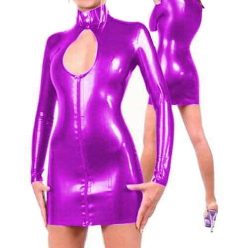 Buckle Neck PVC Mini Dress Women Long Sleeve Open Bust Dress Zipper To Chest Belt Waist Clubwear Exotic Nightclub Party Catsuit