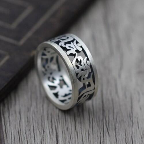 Retro Buddhist Scriptures Hollow Ring Six Words Truth Thai Silver Ring Men Women S990 Sterling Silver