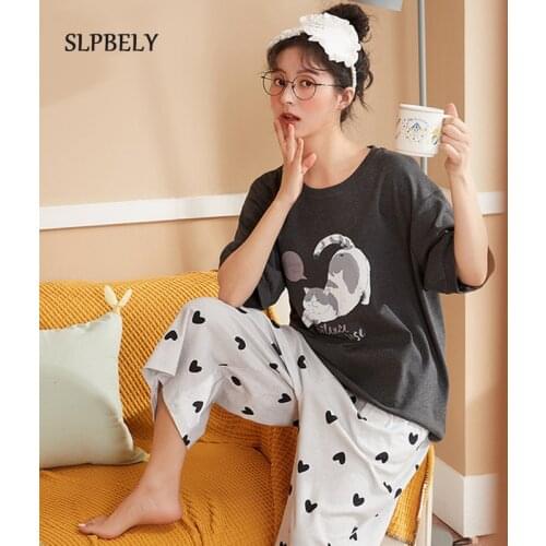 SLPBELY Women Pajamas Set Homewear Summer Cartoon Cat Short Sleeve Cropped Trousers Sleepwear Nightwear Cute Pyjamas Pijamas New