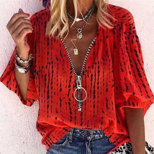 Zipper Ladies T-shirt Oversized Fashion Print Long Sleeve V-neck Top 2021 Autumn New Womens Clothing Casual Loose Pullover Tunic