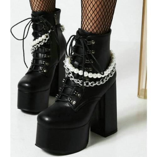 Platform Super Square High Heel 15CM Women Ankle Boots PU Leather Round Toe Side Zipper Ladies Motorcycle Boots Black Big Size