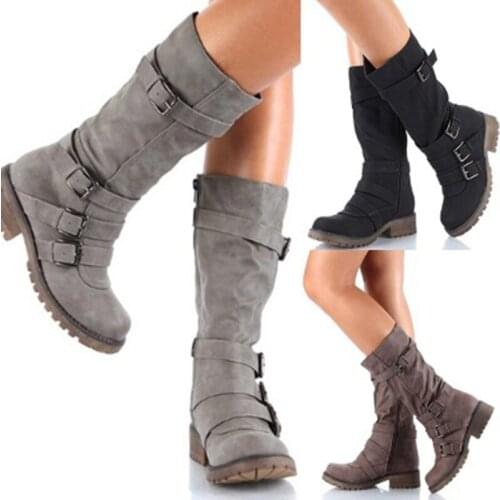Retro Cowboy Riding Boots Women Casual Large Size 35-43 Middle Boots Ladies Gray Round Toe Belt Buckle Shoes Knee-High Booties