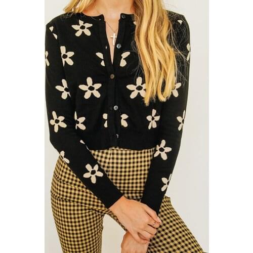 New Women Summer Autumn Casual Short Knit Cardigans Button-down Embroidered Flower Print Long Sleeve Round Neck Jumpers Sweater
