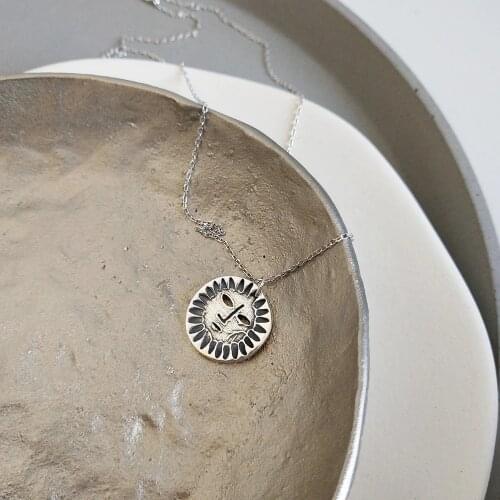 17mm Retro Authentic 925 Sterling silver Retro abstract Sun Pendants necklace Womens Handmade Craft x290