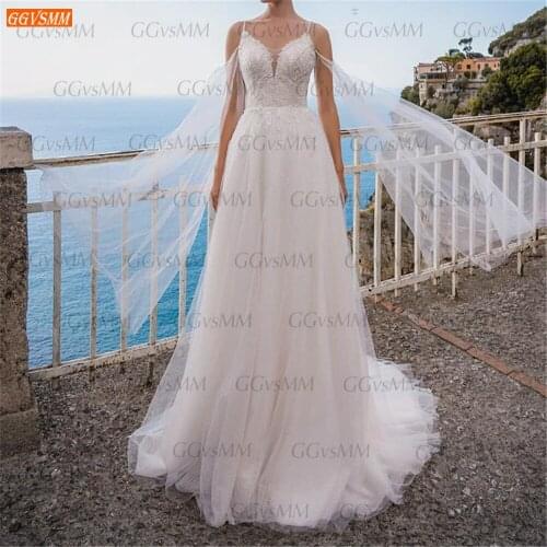Elegant white Wedding Dress 2021 Sleeveless zipper Spaghetti Straps Floral Print Appliques Beading A-LINE vestido de noiva
