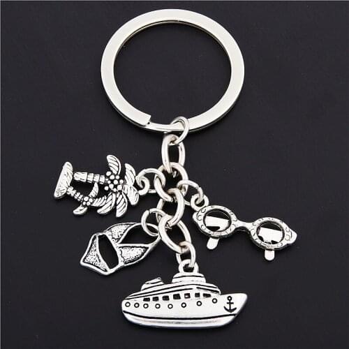 1pcs Silver Plated Ocean Resort Style Swimwear And Goggles Charms Keyring Coconut Tree Cruise Ship Keychain Travel Gift Jewelry