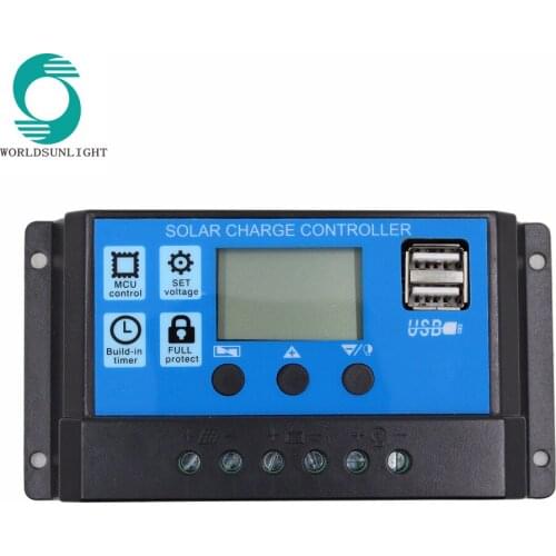 10 pcs per lot WSSCC-2 10A 20A 30A 12V 24V Dual USB 5V 3A Output Solar Panel Regulator LCD Battery PWM Solar Charger Controller