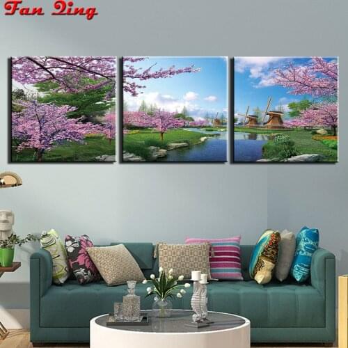 3 Pcs Diamond Embroidery Cherry Blossom Windmill Creek Natural Scenery Full Square Round 3D Rhinestone Kit Mosaic Home Decor