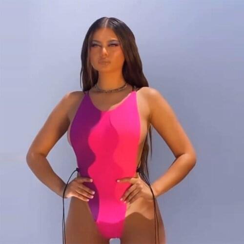 SEASONS Wavy Stripes Mesh Bodysuit Women Halter Panelled Sleeveless Backless Strap Beach One Piece Female Clothing ASJU83250