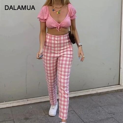 DALAMUA Women's Plaid Trousers