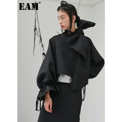 [EAM] Loose Fit Black Irregular Bow Ruffles Short Jacket New Lapel Long Sleeve Women Coat Fashion Autumn Winter 2021 1DD2168