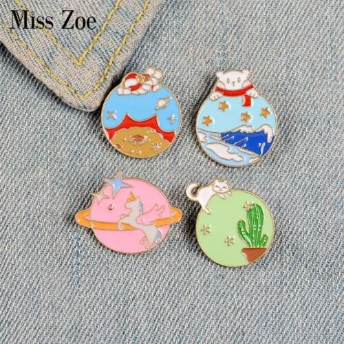 Animal Planet Enamel Pin Custom Colorful Universe Brooch Shirt Lapel Bag Cartoon Cat Bear Badge Jewelry Gift for Kids Friend