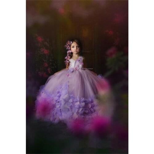 Purple Ball Gown Flower Girl Dresses For Wedding Handmade Lace Appliqued Beads Birthday Wear First Communion Dress Pageant Gowns