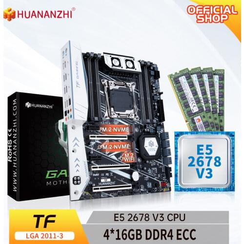 HUANANZHI X99 TF X99 Motherboard with Intel XEON E5 2678 V3 with 4*16G DDR4 RECC memory combo kit set NVME USB 3.0 ATX Server