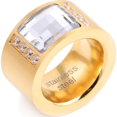 Gold Color Zircon Crystal Titanium Stainless Steel Rings for Women Wedding Jewelry