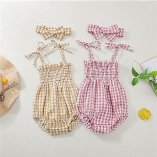 Newborn Infant Baby Girls Summer Clothes Sleeveless Belt Plaid Bodysuits Jumpsuits Headband Toddler Girls Casual Soft Outfits