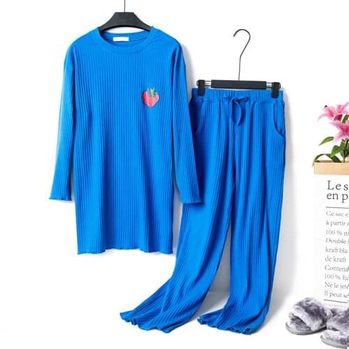 Winter Cotton Long Sleeve 2pcs Pajamas Set Women O Neck Sweet Fruit Print Sleepwear Nightgown Casual Loose Home Clothes