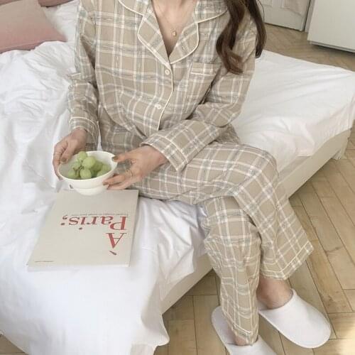 Cute grid girls pajamas set korean autumn winter long sleeve leisure sleepwear women loose nightwear homewear suit cotton L445