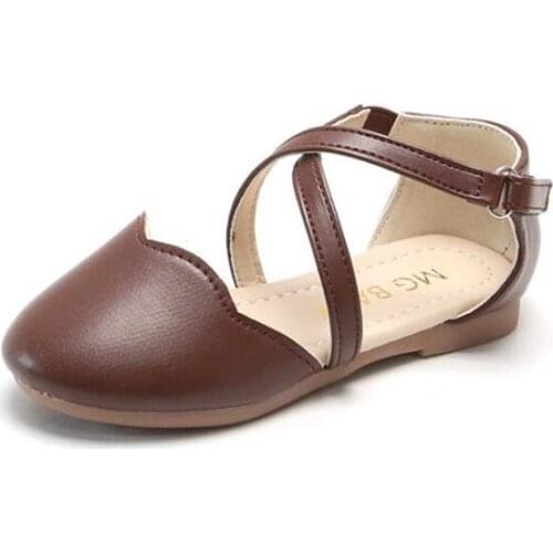 2021 Retro Girl Leather Shoes Cross Strap Flower Princess Shoes Dance Performance Shoes Rubber Sole Kids Shoe