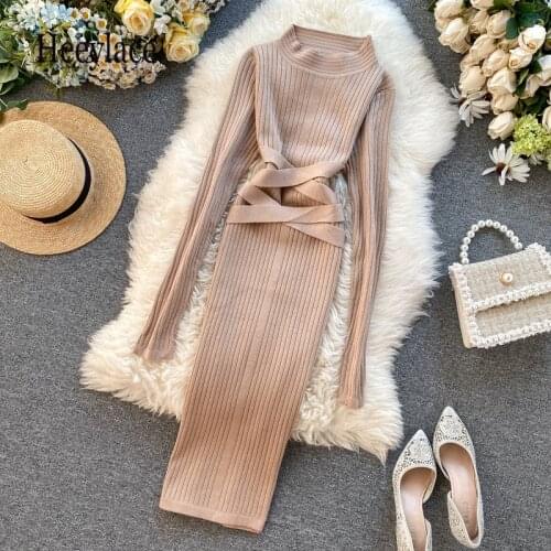 Ins Fashion Half Turtleneck Slim Bandage Bodycon Dress Women Autumn Winter Knitted Sweater Dress Lady Midi Office Dress