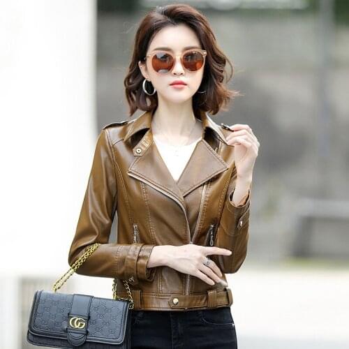 Motorcycle Leather clothing female spring and autumn slim women leather jacket brief short casual leather coat M-3XL