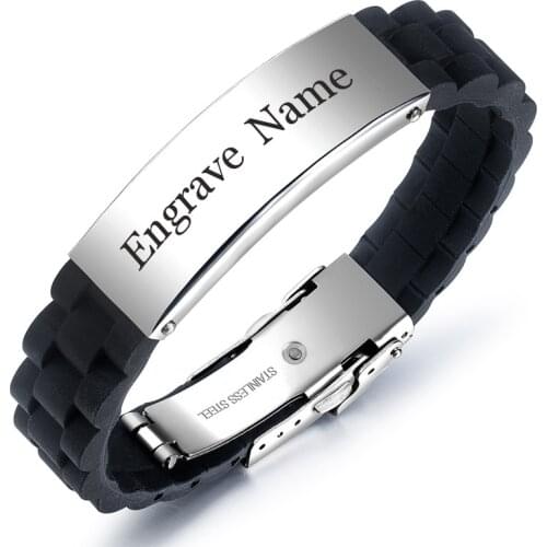 Custom Punk Engrave Name Leather Bracelet for Men Black Silicone Stainless Steel Bracelets Male Jewelry Dropshipping