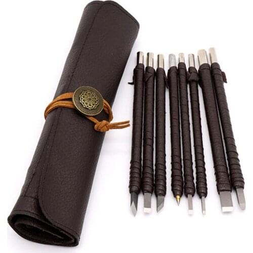 New Hand Tools Tungsten Steel Carving Knife Set Seal Stone Graver Lettering Engraving Tool with Leather Handle Leather Bag