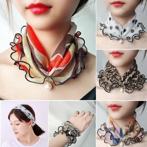 2021 New Pearl Pendant Scarf Necklace Vintage Leopard Pattern Dot Printing Scarf Trendy Crimping Elastic Women All-Match Scarves