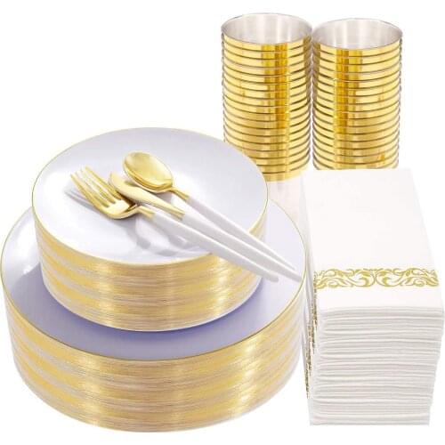 Disposable Party Tableware White and Gold Plastic Plate Silverware Set Daily Birthday Wedding Party Decoration Supplies