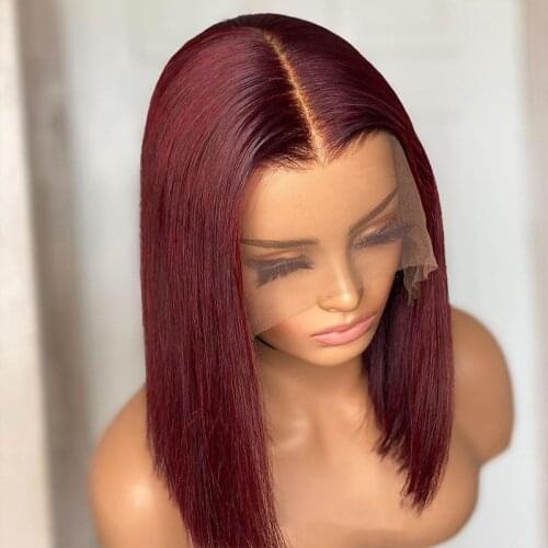 99J Red Color Human Hair Lace Front Wigs Burgundy Straight Short Bob Closure Wig Brazilian Remy Pre Plucked T Part Lace Wig 180