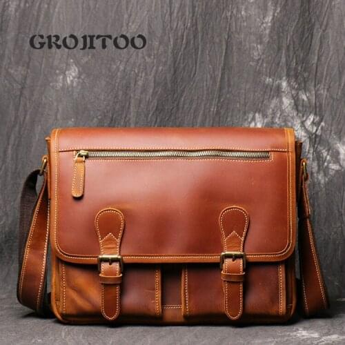 GROJITOO New genuine leather mens shoulder bag hand-made messenger bag large capacity A4 bag Crazy Horse Leather Computer Bag