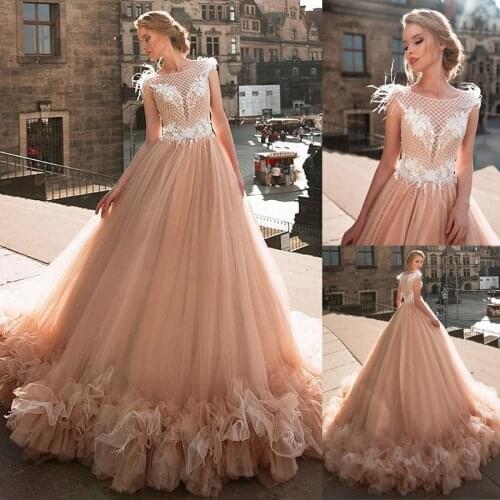 Modest Ruffled Lace Jewel Neckline A-line Wedding Dress With Lace Appliques 3D Flowers Feather & Beadings Champagne Bridal Gowns