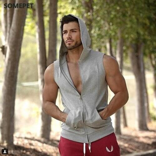 Summer Men Hoodies Sleeveless Hooded Sweatshirts Cotton Solid Slim Fit Hoodies Male Casual Zipper Fitness Gym Sweatshirts