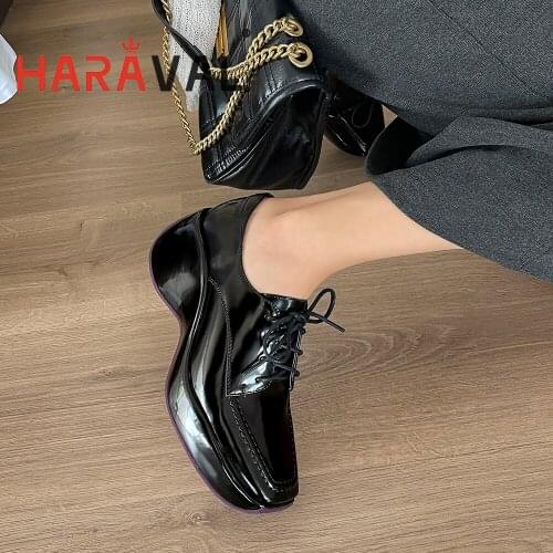 HARAVAL 2021New Style Pumps Shoes Elegant Fashion White Black Mary Janes Mary Wedges Genuine Leather Office Lady Solid B352